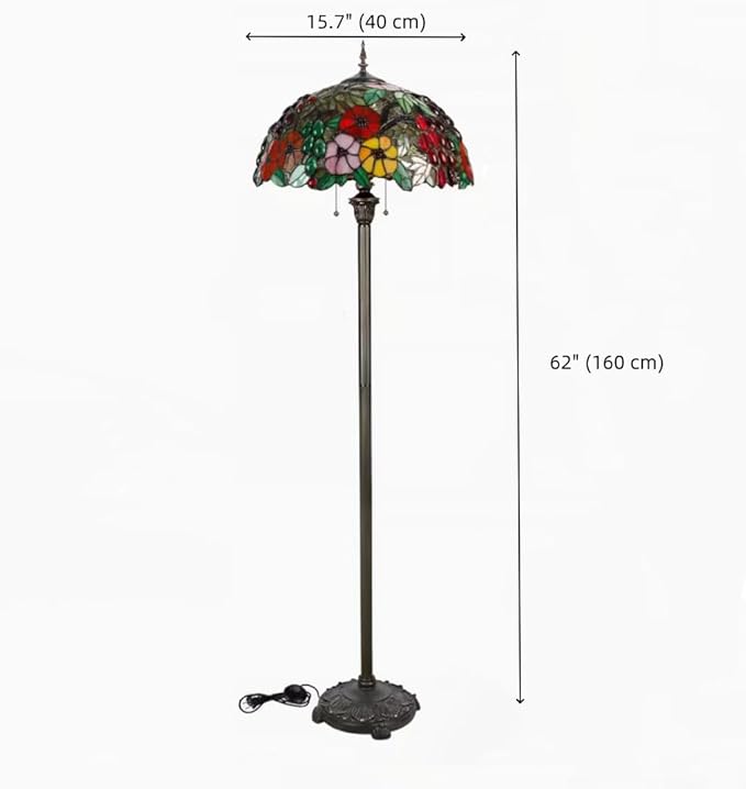 Tiffany Flower Floor Lamp Vintage Glass Standing Lamp with Pull Chain Traditional Stained Glass Floor Standing Reading Lights for Living Room Bedroom Farmhouse - Handmade Floral Lampshade