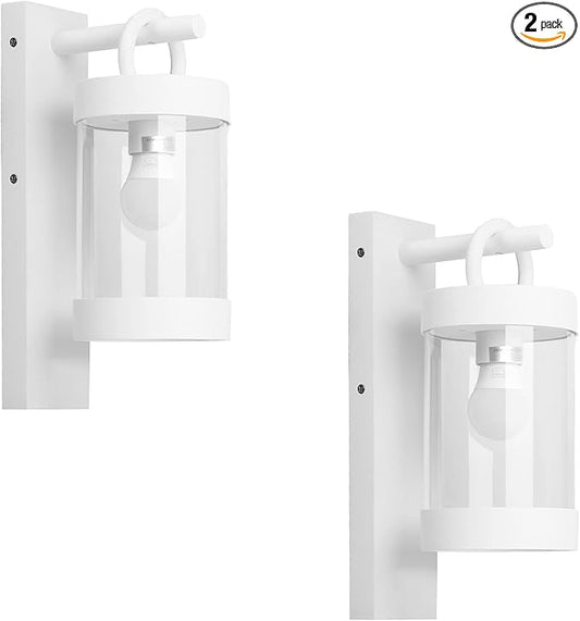2 Pack Outdoor Wall Lantern with Dusk to Dawn Photocell Sensor,White Exterior Porch Light Fixture Wall Mount Lamp for House Garage Patio