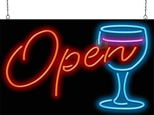 Wine Glass OPEN Neon Sign - Large Size - 32" wide x 2" high - Real, Quality Hand Bent Neon Sign - Red Letters with a Blue & Purple Wine Glass Graphic