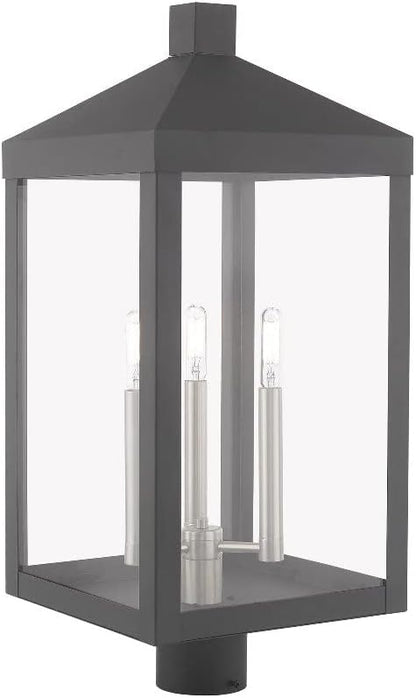 Livex Lighting 20586-80 Nyack - 24" Three Light Outdoor Post Top Lantern, Nordic Gray Finish with Clear Glass