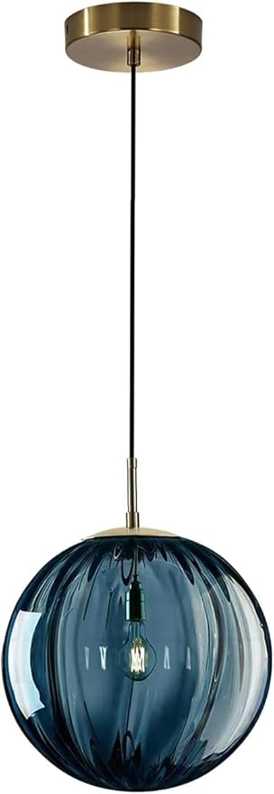 KCO Lighting Glass Globe Pendant Light Single Blue Pendant Lights Kitchen Island Brushed Gold Hanging Light Fixture Mid Century Retro Hanging Lamp Vintage Striped Pendant Light