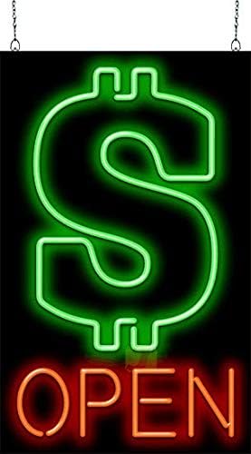 Dollar Graphic Open Neon Sign - Large Size - 20" wide x 32" high - Real, Quality Hand Bent Neon Sign - Red Letters with a Green Dollar Symbol Graphic