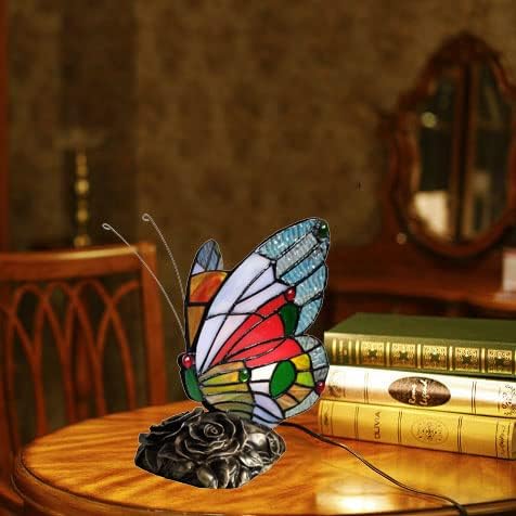 Bedside Tiffany Table Lamp LED Blue Red Butterfly Stained Glass Nightstand Table Lamps ON Off Switch Home Office Desk Lamp Night Light Girl Grandma Mothers Day Gifts W/Gift Box