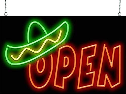 Open with Hat Neon Sign - Large Size - 32" wide x 20" high - Real, Quality Hand Bent Neon Sign - Red Letters with a Yellow & Green Sombrero Graphic
