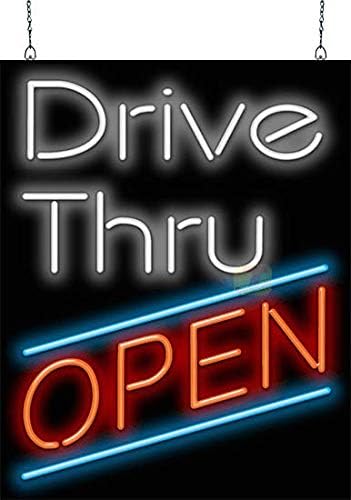 Drive - Thru Open Neon Sign - Large Size - 24" wide x 30" high - Real, Quality Hand Bent Neon Sign - White & Red Letters with Blue Accent Lines