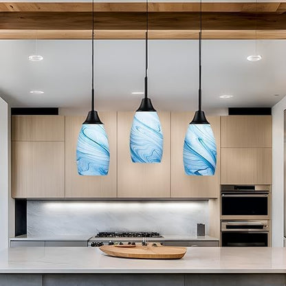Mini Glass Pendant Light 4.72" with Handblown Blue Marble Art Glass Hanging Light 3-Pack Oval Ceiling Hanging Light Fixture for Dining Room Kitchen Island Cafe Foyer Hallway