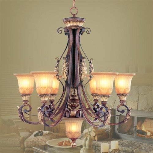 Livex Lighting 8576-63 Villa Verona 6 Light Verona Bronze Finish Chandelier with Aged Gold Leaf Accents and Rustic Art Glass