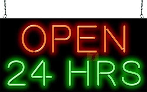 Open 24 Hours Neon Sign - Large Size - 32" wide x 13" high - Real, Quality Hand Bent Neon Sign - Red & Green Letters