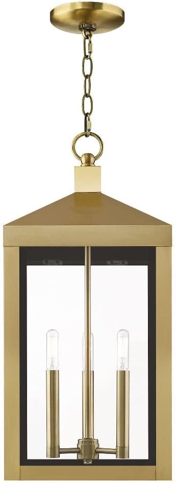 Livex Lighting Lantern 20587-01 Transitional Three Light Outdoor Pendant from Nyack Collection Finish, 10.50 inches, 24.00x10.50x10.50, Antique Brass