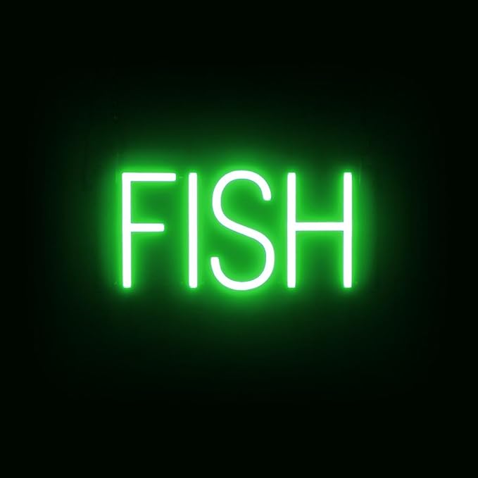 SpellBrite FISH Sign | Restaurant-Related Sign with Neon Look, Green LED Light | 13.9" x 6.3"