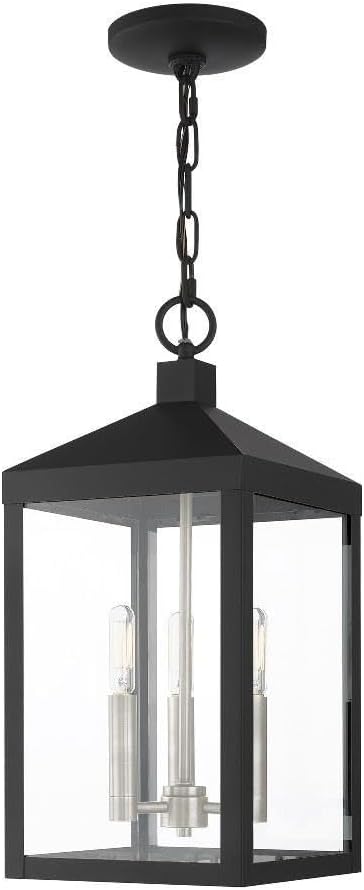 Livex Lighting 3 Light Black Outdoor Pendant Lantern, Nickel