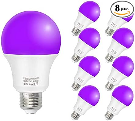 LED Black Light Bulbs,12W E26 Base(110V- 240V) UV Blacklight Bulb, Glow in The Dark,Black Lights for Glow Party,Fluorescent Poster,Halloween,Body Paint,Neon Glow(8 Pack)