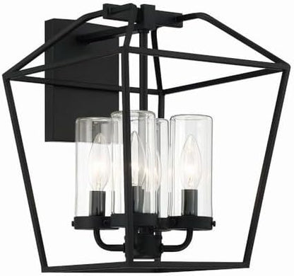 Eurofase Bastille 4 Light Outdoor Wall Lantern with Satin Black Finish - Wet Rated ETL Certified Large Sconce with Hand Blown Glass for Porch Patio