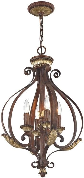 Livex Lighting 8556-63 Villa Verona 4 Light Verona Bronze Finish Foyer Chandelier with Aged Gold Leaf Accents and Rustic Art Glass