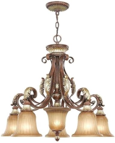 Livex Lighting 8575-63 Villa Verona 5 Light Verona Bronze Finish Chandelier with Aged Gold Leaf Accents and Rustic Art Glass