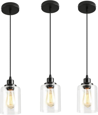 3 Lights Industrial Pendant Light with Glass Shade Matte Black Pendant Lighting Adjustable Industrial Retro Style Hanging Light,Kitchen Island Farmhouse Pendant Lights Fixtures for Kitchen,Farmhouse