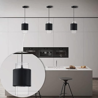 1 Light 3 Pack Hanging Indoor Kitchen Island Pendant Light 6" Drum Glass Shade Pendant Ceiling Light Fixtures Modern Farmhouse Dinning Over Sink (Black Finish)