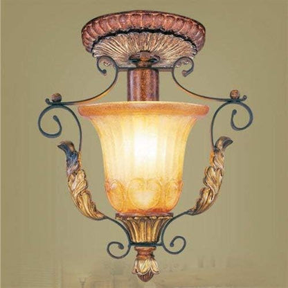 Livex Lighting 8578-63 Villa Verona 1 Light Verona Bronze Finish Flush Mount with Aged Gold Leaf Accents and Rustic Art Glass