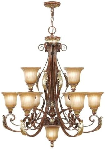 Livex Lighting 8579-63 Villa Verona 9 Light Two Tier (6+3) Verona Bronze Finish Flush Mount with Aged Gold Leaf Accents and Rustic Art Glass