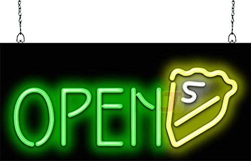 Pie Open Neon Sign - Compact Size - 24" wide x 11" high - Real, Quality Hand Bent Neon Sign - Green Letters with a Yellow & White Slice of Pie Design