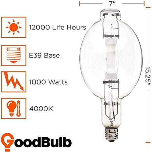 GoodBulb 1000-Watt Metal Halide HID Light Bulb E39 Base BT56 ANSI Code M141 High Output HID Light 4000K Cool White Light Color Clear Finish Car Dealership Lighting Pack of 2 Bulbs