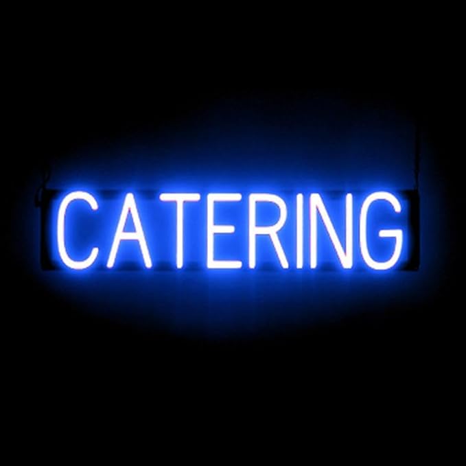 SpellBrite CATERING Sign | Catering-Related Sign with Neon Look, Blue LED Light Source | 29.3" x 6.3"