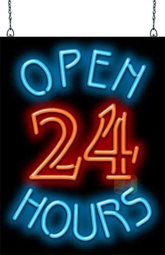 Open 24 Hours Neon Sign - Large Size - 18" wide x 24" high - Real, Quality Hand Bent Neon Sign - Red & Blue Letters