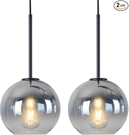 Modern Black Globe Pendant Light Glass Ceiling Pendant Light for Kitchen Silver Pendant Lighting Over Island Dining Room Pendant Light Fixture-Mid Century Light Fixture,2 Pack（11.8 Inch）