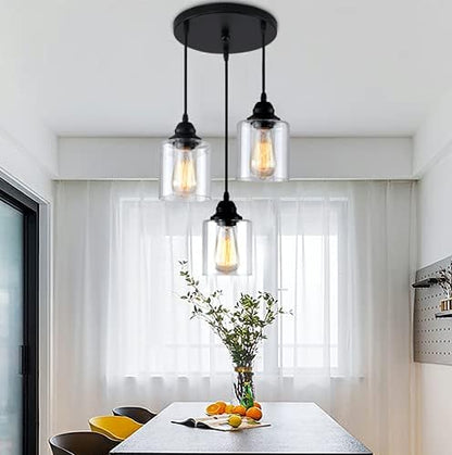 3 Lights Industrial Pendant Light with Glass Shade Matte Black Pendant Lighting Adjustable Industrial Retro Style Hanging Light,Kitchen Island Farmhouse Pendant Lights Fixtures for Kitchen,Farmhouse