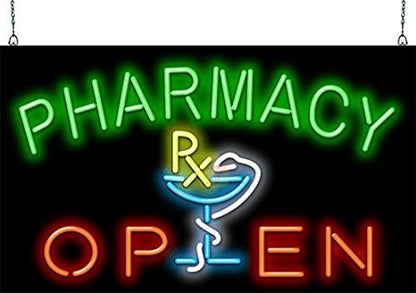 Pharmacy Open Neon Sign - Large Size - 37" wide x 22" high - Real, Quality Hand Bent Neon Sign - Green & Red Letters with Yellow, Blue & White RX Logo Design