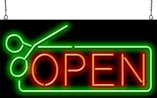 Open with Scissors Border Neon Sign - Large Size - 32" wide x 16" high - Real, Quality Hand Bent Neon Sign - Red Letters with Green Scissors and Border Design