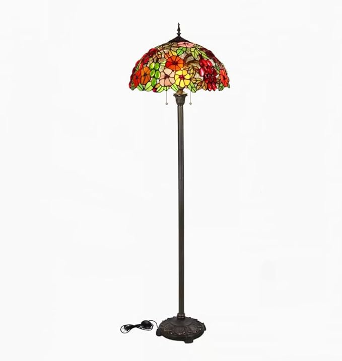 Tiffany Flower Floor Lamp Vintage Glass Standing Lamp with Pull Chain Traditional Stained Glass Floor Standing Reading Lights for Living Room Bedroom Farmhouse - Handmade Floral Lampshade