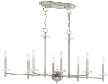 Livex Lighting 42708-91 Bancroft - Eight Light Linear Chandelier, Brushed Nickel Finish with Clear Bobeche Crystal, 19.75x39.50x14.00
