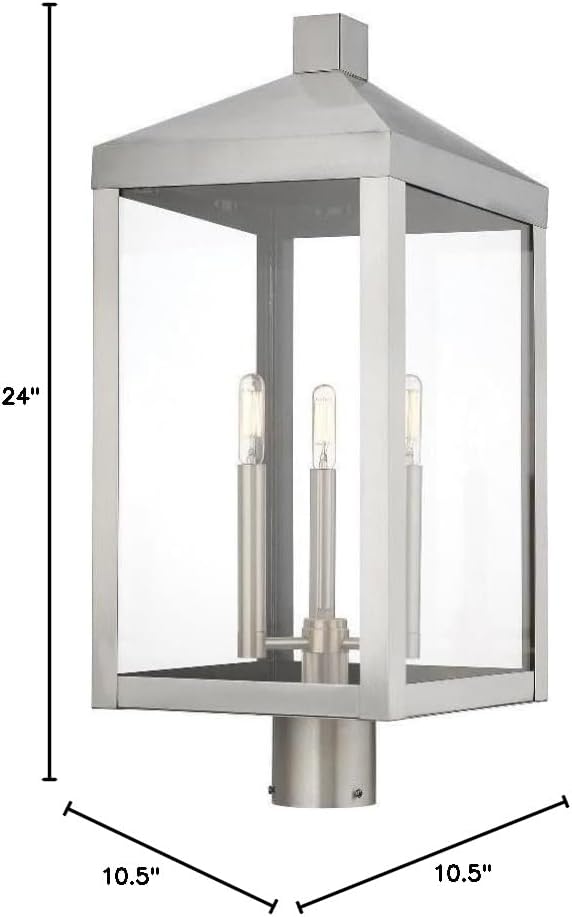 Livex 20586-91 Transitional Three Light Post-Top Lanterm from Nyack Collection in Pwt, Nckl, B/S, Slvr. Finish, 10.50 inches, Brushed Nickel