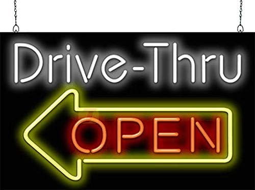 Drive-Thru OPEN Neon Sign w/Left Arrow - Large Size - 32" wide x 20" high - Real, Quality Hand Bent Neon Sign - White & Red Letters with a Yellow Left Pointing Arrow
