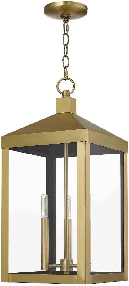Livex Lighting Lantern 20587-01 Transitional Three Light Outdoor Pendant from Nyack Collection Finish, 10.50 inches, 24.00x10.50x10.50, Antique Brass