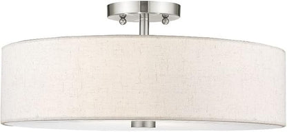Livex Lighting 52136-91 Meridian Collection 4-Light Semi Flush Mount Ceiling Fixture with Oatmeal Color Fabric Hardback Drum Shade and Satin White Diffuser, Brushed Nickel
