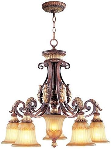 Livex Lighting 8575-63 Villa Verona 5 Light Verona Bronze Finish Chandelier with Aged Gold Leaf Accents and Rustic Art Glass