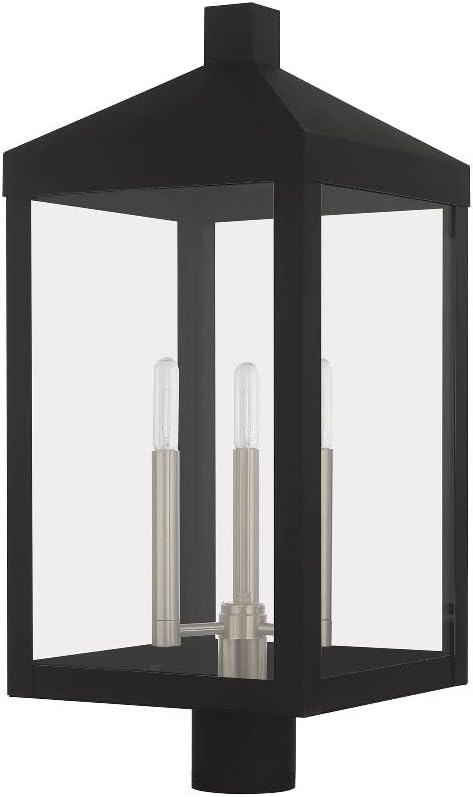 Livex 20586-91 Transitional Three Light Post-Top Lanterm from Nyack Collection in Pwt, Nckl, B/S, Slvr. Finish, 10.50 inches, Brushed Nickel