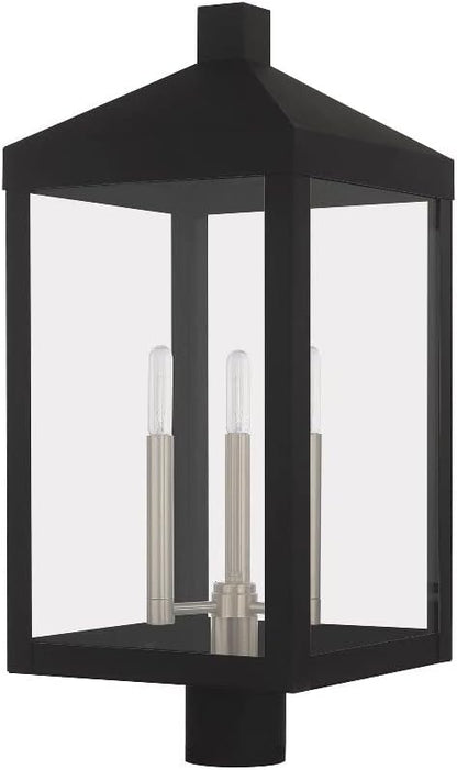 Livex 20586-91 Transitional Three Light Post-Top Lanterm from Nyack Collection in Pwt, Nckl, B/S, Slvr. Finish, 10.50 inches, Brushed Nickel