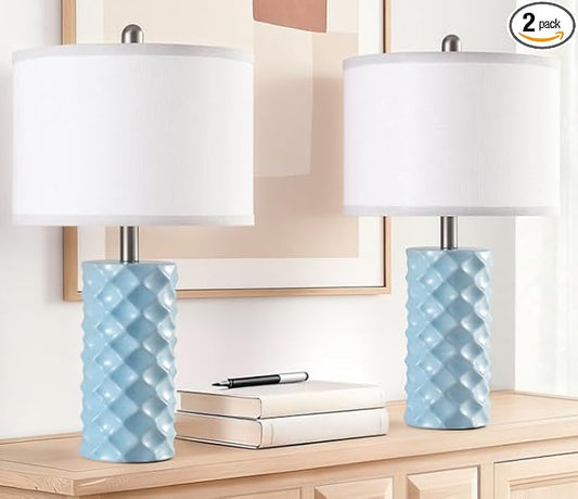 Sky Blue & Star Diamond Ceramic Table Lamps (Set of 2) - 23" Luxe Modern Bedside Lamps for Nightstand,bedrooms, Living Rooms, or entryways & Rotary Switch,No Bulbs