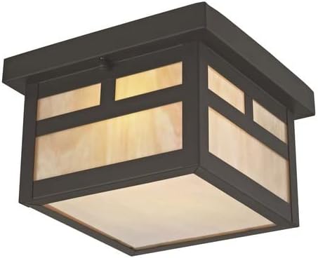Livex Lighting 2138-07 Montclair Mission 1 Light Outdoor Bronze Finish Solid Brass Ceiling Mount with Iridescent Tiffany Glass, 5.50x8.00x8.00