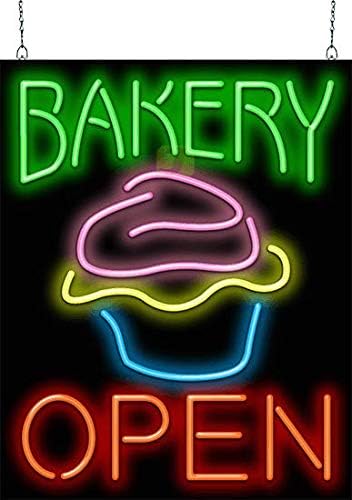 Bakery Open Neon Sign - Large Size - 24" wide x 30" high - Real, Quality Hand Bent Neon Sign - Green & Red Letters with a Pink, Yellow & Blue Cupcake Design