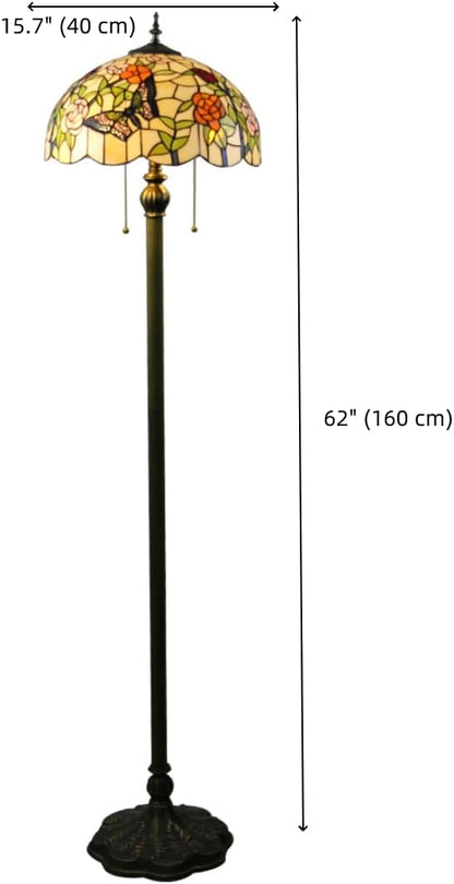 Tiffany Flower Floor Lamp Beige Glass Vintage Standing Lamp with Pull Chain Traditional Stained Glass Standing Reading Light for Living Room Bedroom Farmhouse - Handmade Butterfly Shade