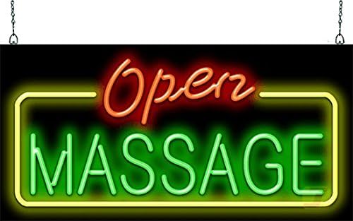 Massage Open Neon Sign - Large Size - 32" wide x 16" high - Real, Quality Hand Bent Neon Sign - Red & Green Letters with a Yellow Border Design