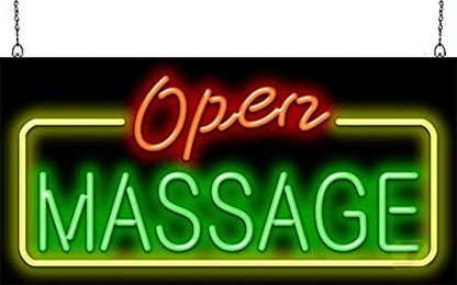 Massage Open Neon Sign - Large Size - 32" wide x 16" high - Real, Quality Hand Bent Neon Sign - Red & Green Letters with a Yellow Border Design