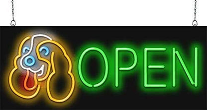 Dog Open Neon Sign - Large Size - 32" wide x 13" high - Real, Quality Hand Bent Neon Sign - Green Letters with a Orange, White, Blue & Red Dog Design