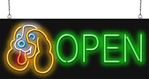 Dog Open Neon Sign - Large Size - 32" wide x 13" high - Real, Quality Hand Bent Neon Sign - Green Letters with a Orange, White, Blue & Red Dog Design