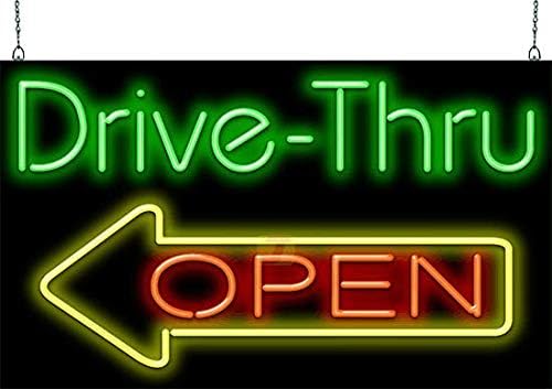 Drive-Thru Open Neon Sign - Very Large Size - 37" wide x 22" high - Real, Quality Hand Bent Neon Sign - Green & Red Letters with a Yellow Left Pointing Arrow Design