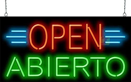 Open Abierto Neon Sign - Large Size - 32" wide x 16" high - Real, Quality Hand Bent Neon Sign - Red & Green Letters with Blue Accent Lines